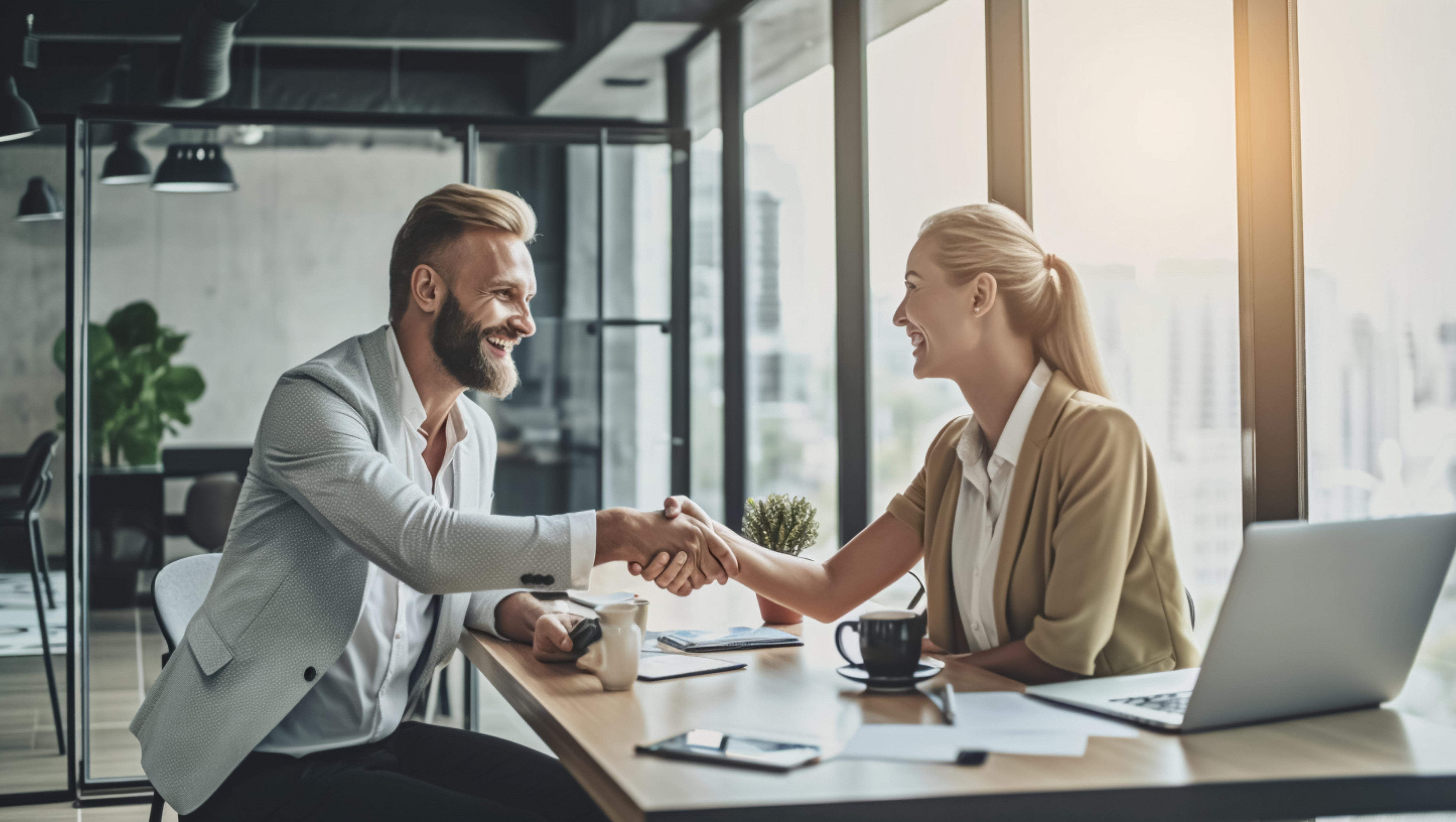 Woman and man shake hands, partners made a deal, created with Generative AI technology